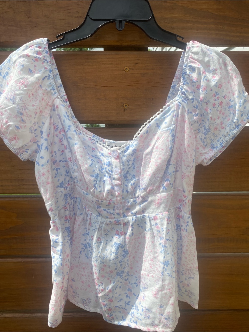 Madden Girl White Floral Puff Sleeve Peplum Top with Pink & Blue